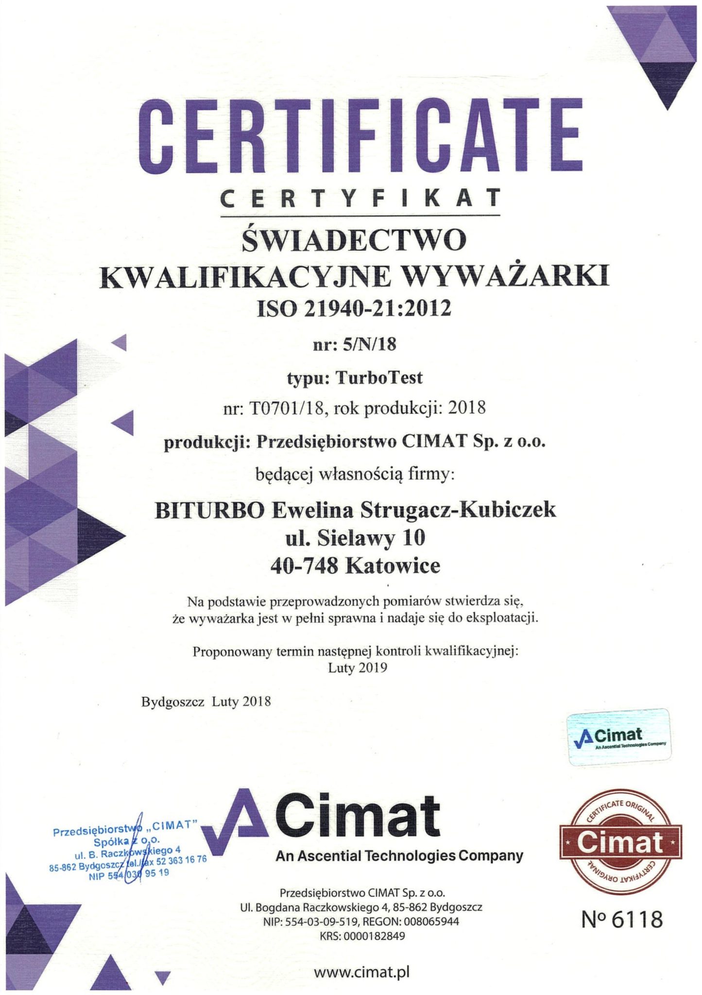 Świadectwo kwalifikacyjne wyważarki typu TurboTest firmy CIMAT
